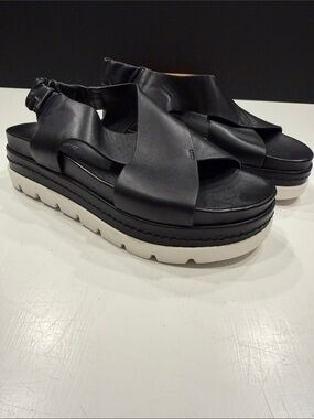 J Slides Black Leather Crossover Platform Sandal with White Sole